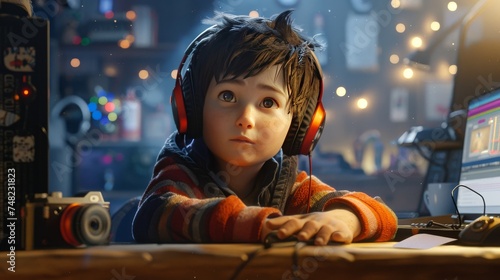 Boy in a cozy room wearing headphones looking at computer screen. Child with headphones in a creative environment with warm lighting.