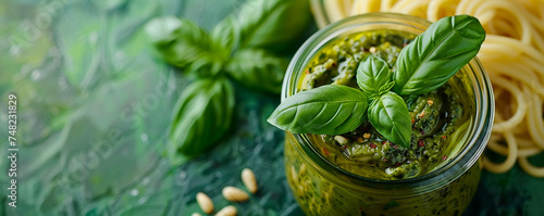 A jar of pesto and a pasta dish on a green background. Italian sauce with basil and pine nuts. Top view space to copy.