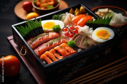 japanese box lunch, containing rice and various kinds of fish, meat, and vegetables