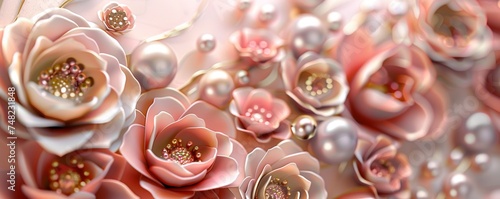 Blush roses and pearls abstract background. Soft pink floral wallpaper with pearl accents. Elegant flower composition for luxury decoration or event backdrop.
