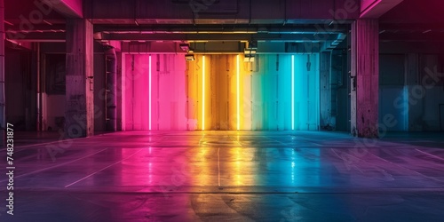 Colorful neon lights reflecting on warehouse floor. Vibrant spectrum of neon illumination in industrial setting. Artistic neon light display in spacious warehouse for creative background.