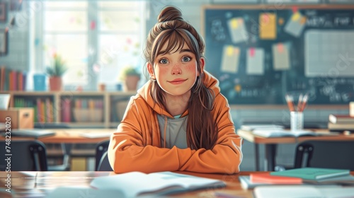 Happy student in a classroom illustration. Bright and cheerful girl in school setting. Positive education theme with an optimistic schoolgirl.