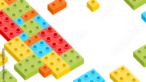 A dynamic and playful background featuring a diagonal arrangement of interlocking construction blocks in vivid colors like red, yellow, green, and blue, with additional blocks scattered around.