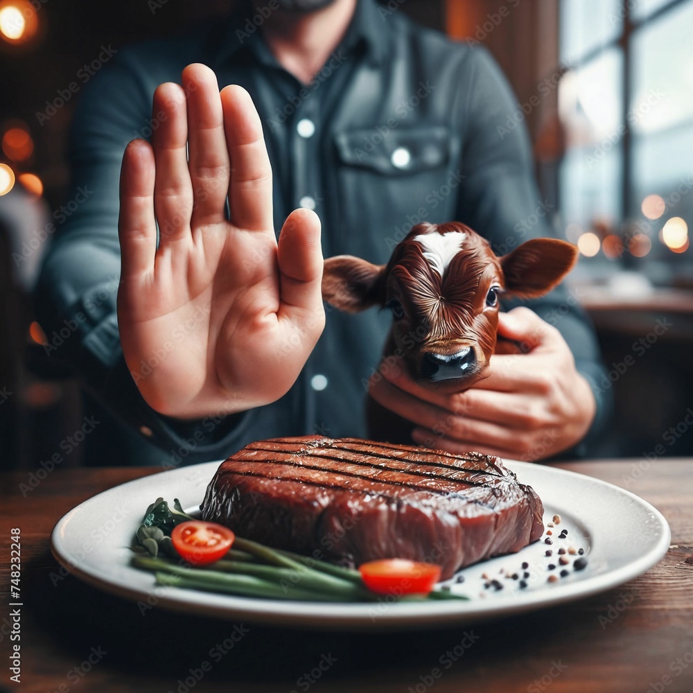 Man says no to a dish. He embraces a calf. Vegan who cares about animal ...