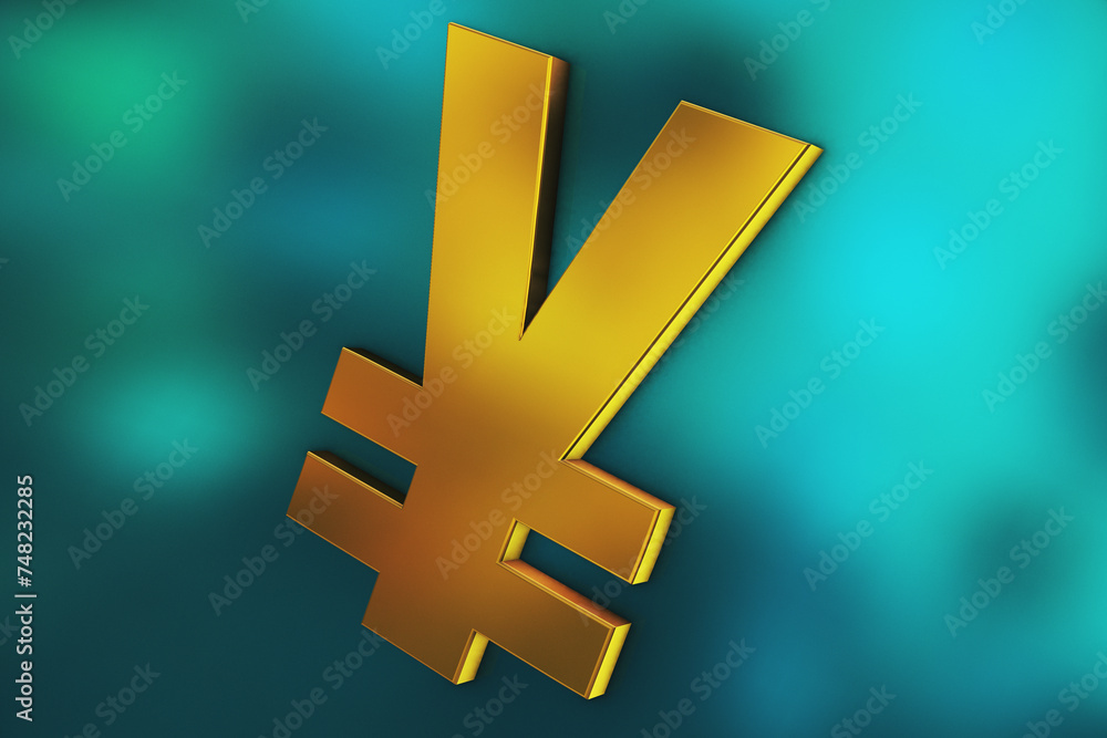 Fototapeta premium Gold Yen coin logo reflection on the glossy blue background