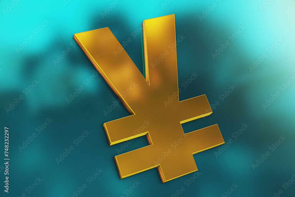 Fototapeta premium Gold Yen coin logo reflection on the glossy blue background