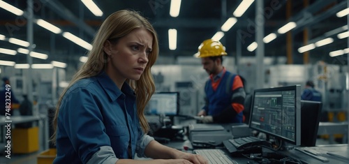 Female worker in manufacture feeling vulnerable and intimidated by superior manager, forced touching at workplace, Sexual harassment at work