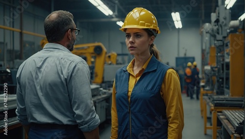 Female worker in manufacture feeling vulnerable and intimidated by superior manager, forced touching at workplace, Sexual harassment at work