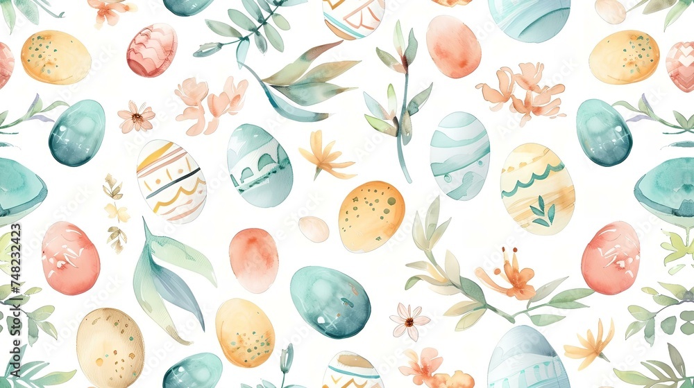 Beautiful watercolor painted illustration with Easter eggs, different designs and patterns, and spring flowers, isolated on a white background. Very cute, clipart. Postcard or banner. - obrazy, fototapety, plakaty 