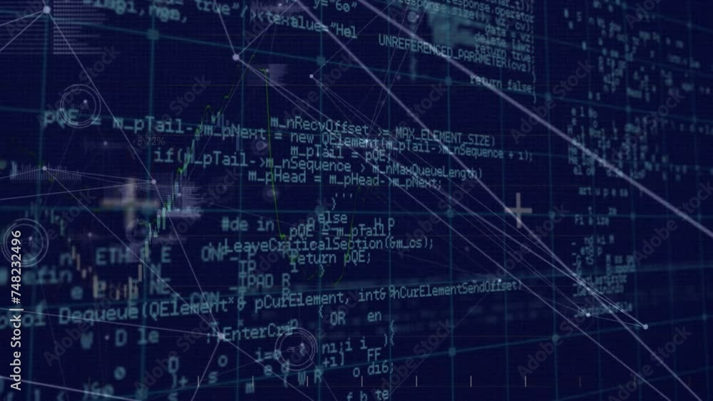 Animation of data processing and network of connections on black background Animation of data processing and network of connections on black background