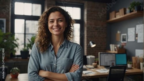 Happy dreamy successful beautiful entrepreneur woman in casual cloth posing in office apartment with hands crossed, looking away, smiling, laughing, Cheerful thoughtful female project owner portrait
