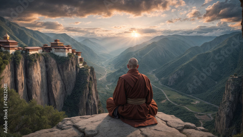 Monk meditating on the edge of a mountain overlooking an ancient monastery rising above the clouds in the rays of the setting sun