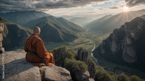 A monk dressed in orange robes meditates on a stone peak overlooking picturesque mountains, green valleys and a river, illuminated by the rays of the setting sun