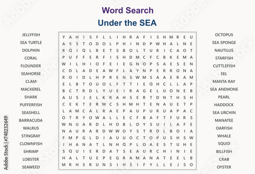 Word search puzzle vector (Word find game) illustration. Under the Sea
