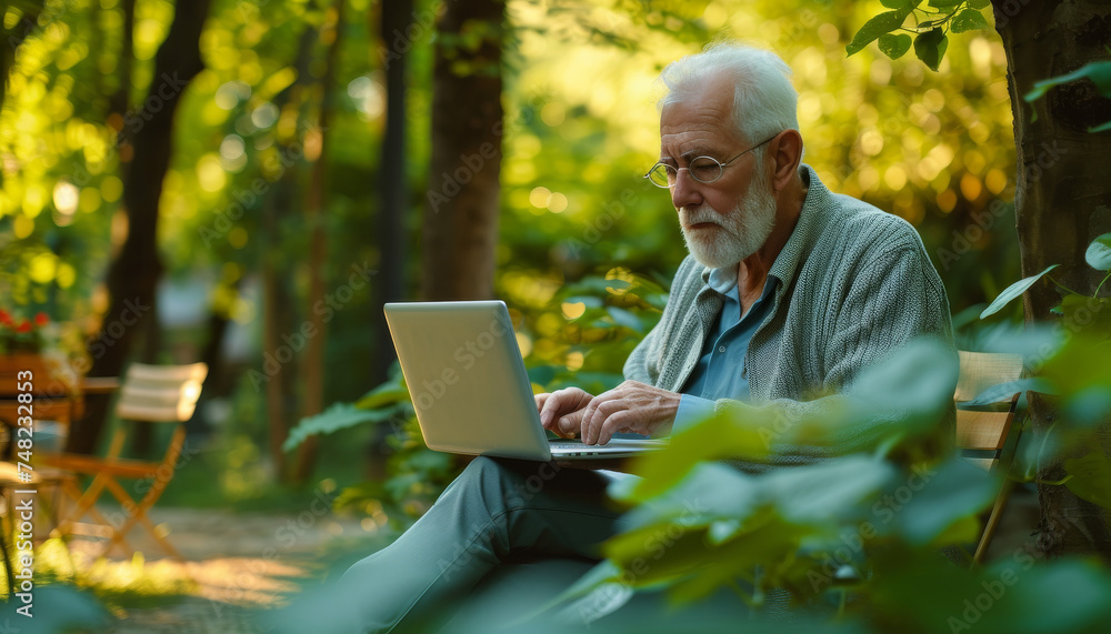 Nature's Office: Senior Embracing Technology in Serene Garden
Nature's Office: Senior Embracing Technology in Serene Garden