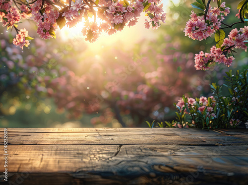 Empty wooden table for product demonstration and presentation against the backdrop of spring blooming garden.Beautiful pink cherry blossom. Banner. Copy space. Mock up © syhin_stas