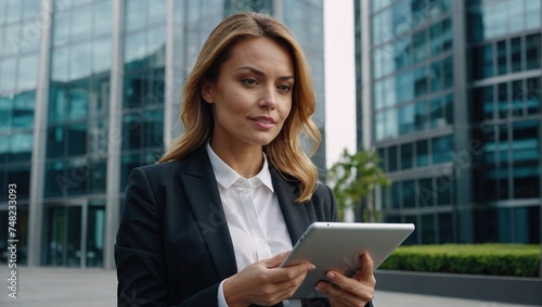 Portrait of a successful business woman using digital tablet in front of modern business building