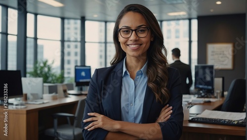 happy millennial mixed race businesswoman professional manager consultant wearing glasses formal shirt, Friendly young lady receptionist look at camera meet client at bank corporate office
