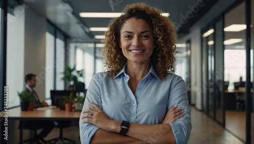 Portrait of happy and successful business woman, boss in shirt smiling and looking at camera inside office with crossed arms, Hispanic woman with curly hair in corridor 