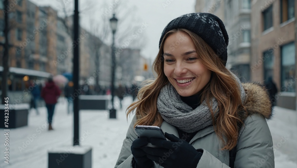 Portrait of smiling woman using mobile phone in the city at winter
