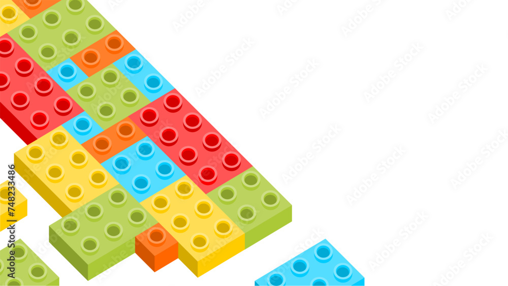 An angled view of interconnected construction blocks with bright colors such as red, green, blue, and yellow. An angled view of interconnected construction blocks with bright colors such as red, green, blue, and yellow.