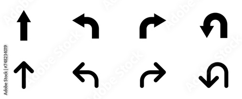 Go Straight This Way One Way Only U Turn Left and Right Black Arrow Sign Direction Icon Set. Vector Image.