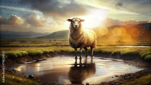 sheep in a mud puddle as the sun rises from behind the sheep photo