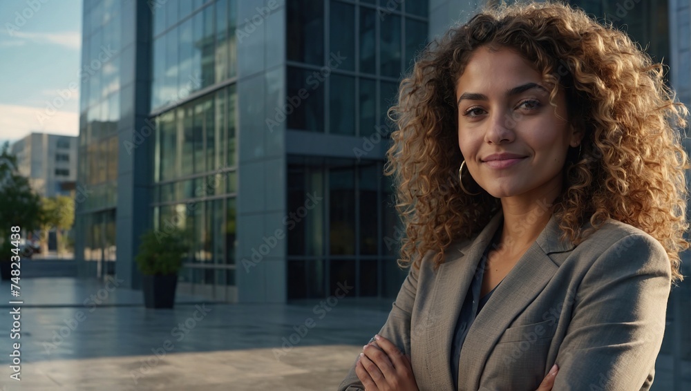 Young beautiful hispanic woman with curly hair outside office building, company worker smiling and looking at camera with crossed arms, satisfied businesswoman Young beautiful hispanic woman with curly hair outside office building, company worker smiling and looking at camera with crossed arms, satisfied businesswoman