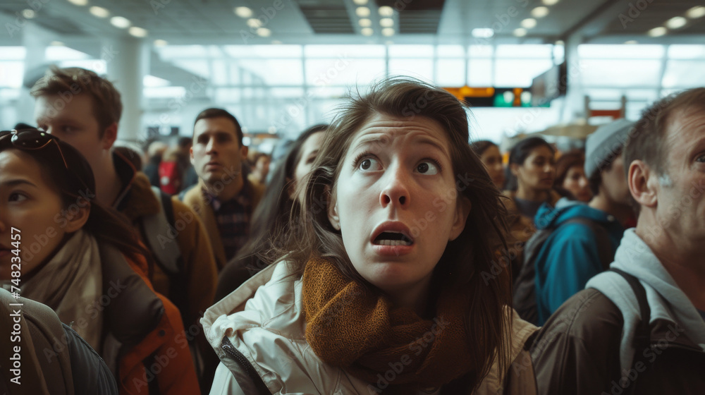 Airport Anxiety: Wide Shot of Fearful Travelers Amidst Urgency
Airport Anxiety: Wide Shot of Fearful Travelers Amidst Urgency