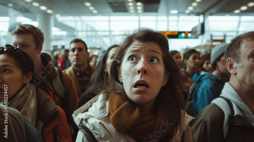 Airport Anxiety: Wide Shot of Fearful Travelers Amidst Urgency
 photo