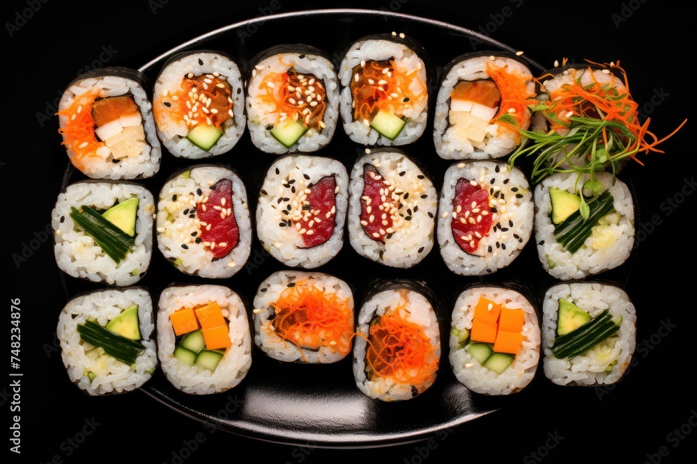Korean Seaweed Rice Rolls or Kimbap Korean dish made from cooked rice vegetables Korean Seaweed Rice Rolls or Kimbap Korean dish made from cooked rice vegetables