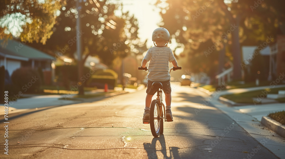 Young Boy Riding Bike Down Quiet Suburban Street Young Boy Riding Bike Down Quiet Suburban Street