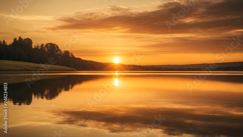 Beautiful sunset over the lake with reflection in water.