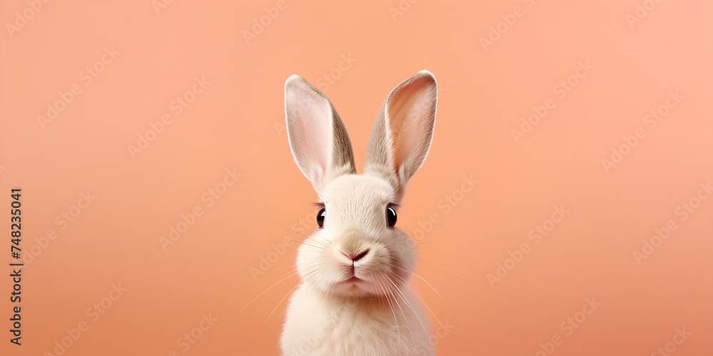 Obraz premium Easter rabbit on pastel peach background. Holiday banner concept, copy space for text, greeting card