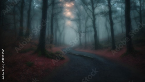 Mystical foggy forest with a winding road in the foreground