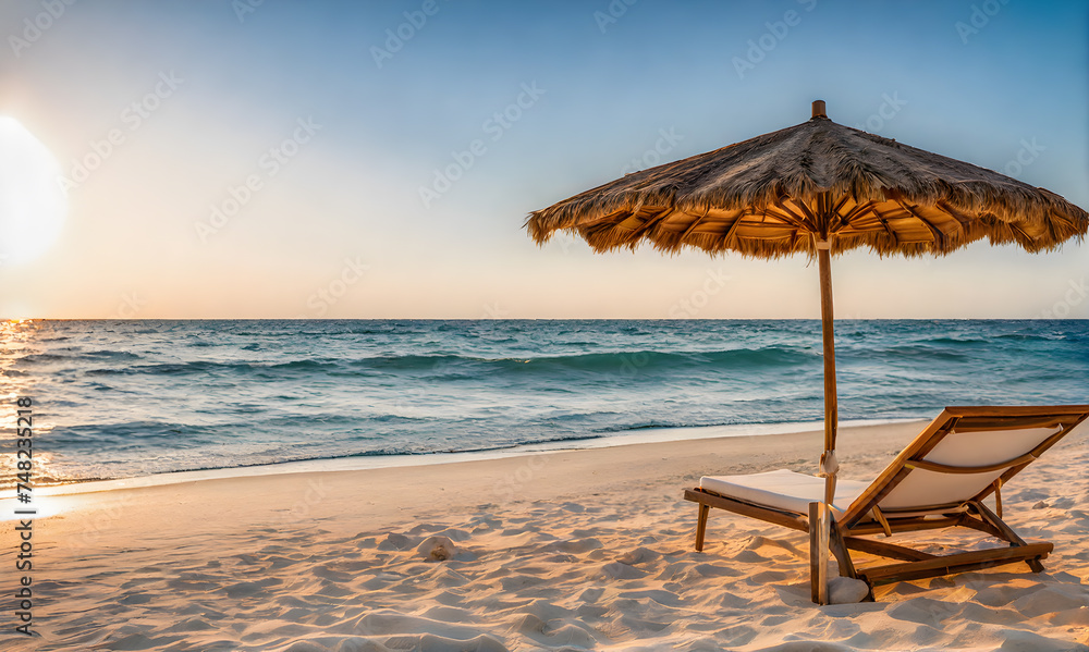 Fototapeta premium Single Beach Umbrella Casting Long Shadow Over Pristine White Sand