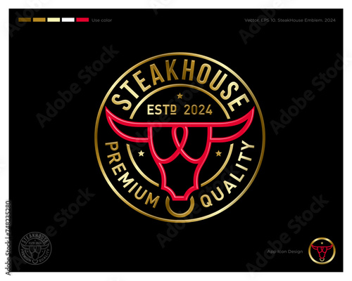 Steak house emblem. Meat restaurant or butchery. The stylized bull head and golden letters in circle. Identity, app icon.