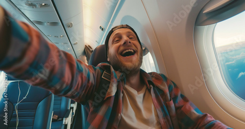 Jovem bonito tirando uma selfie no avião. Conceito de viagens e turismo photo