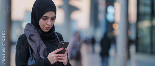 Mulher muçulmana em hijab usando telefone celular no escritório moderno. Conceito de negócios.