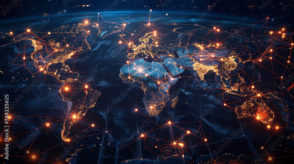 Global Map Illuminated With Trade Routes