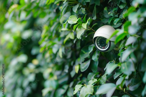 CCTV camera disguised in a leaf in the style of a peaceful gardenscape, cyber security technology, surveillance security, safety intelligent technology conceptent