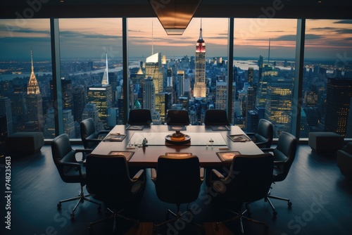 A serene twilight view from a high rise executive boardroom, showcasing the city's illuminated skyline through expansive windows