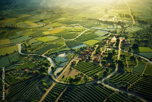 A tilt shift shot that transforms a sprawling countryside into a serene miniature landscape, bathed in the gentle light of dawn