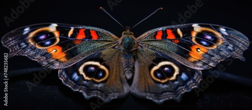 A detailed view of a Grey Pansy Butterflys wings, scientifically known as Junonia Atlites, resting on a dark-colored surface. photo