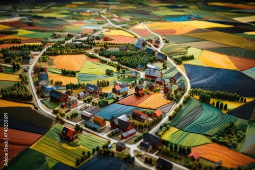 A tilt shift photo that artfully transforms an aerial view of farms into a captivating miniature diorama, rich in color and detail
