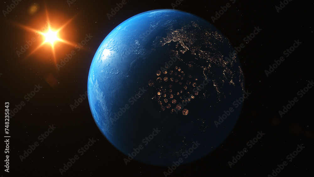 City Light Iota Coin 3D Illustration Symbol on the Earth Background. Iota Coin Logo on Earth Background. City Light Iota Coin 3D Illustration Symbol on the Earth Background. Iota Coin Logo on Earth Background.