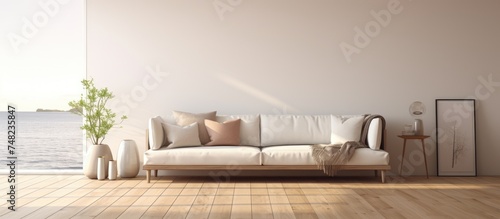 A minimalist living room featuring a white couch and wooden floor. The room is decorated with a brown color scheme and a large window providing a serene view of the outdoors.