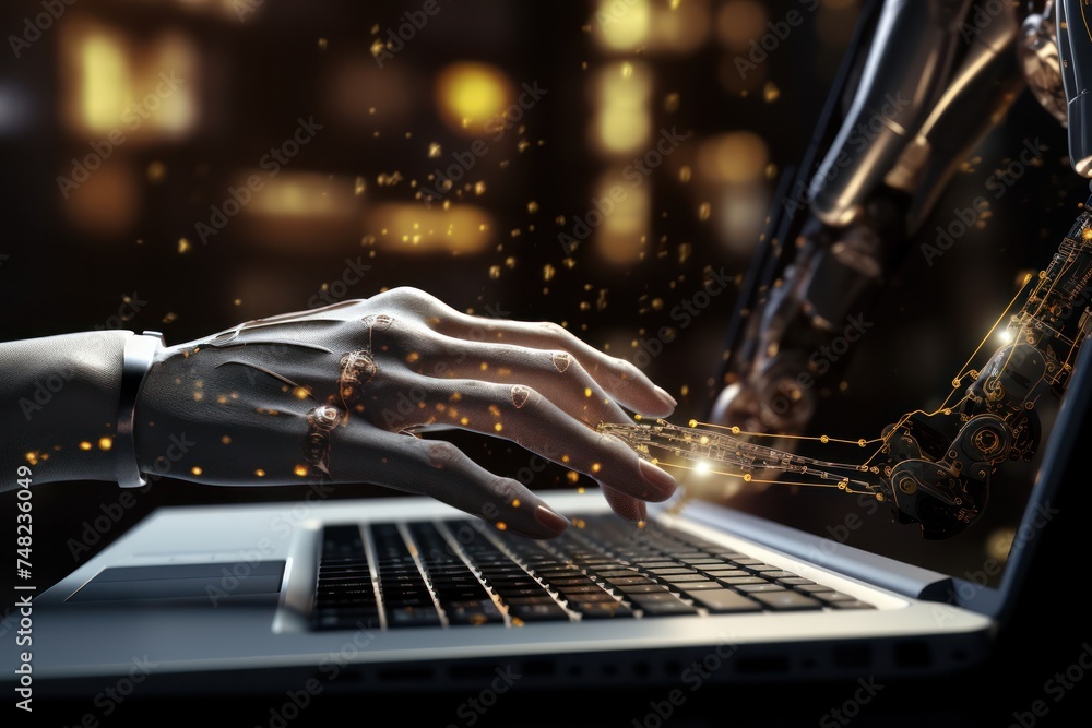 Robot finger point and working to laptop keyboard button, AI, Artificial Intelligence Robot finger point and working to laptop keyboard button, AI, Artificial Intelligence