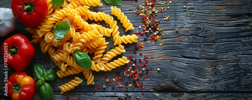 A visually appealing mix of rotini pasta, bell peppers, and Italian seasoning on a rustic wooden surface. Top view space to copy. photo