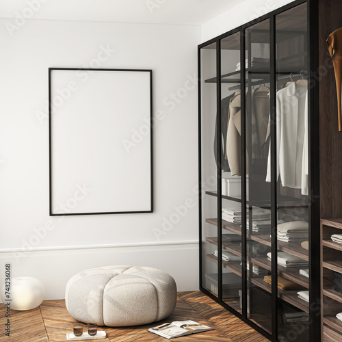 Frame mockup, ISO A paper size. Walk in closet wall poster mockup. Interior mockup with house background. Modern interior design. 3D render
